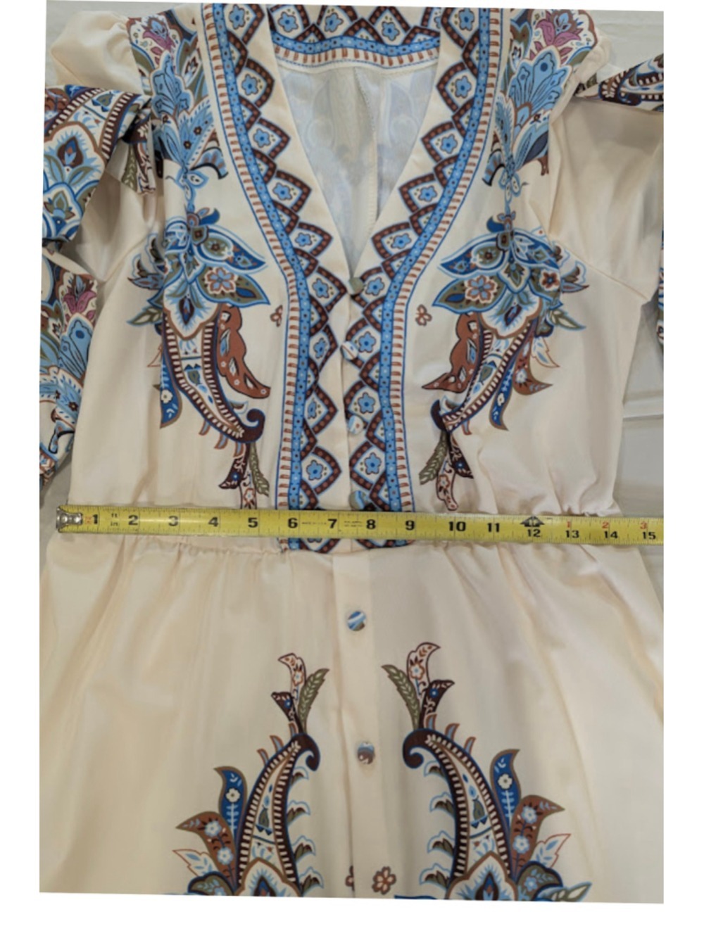 Paisley Belted Fit & Flare Dress Blue Ivory Boho Long Sleeve Size M - Picture 8 of 12